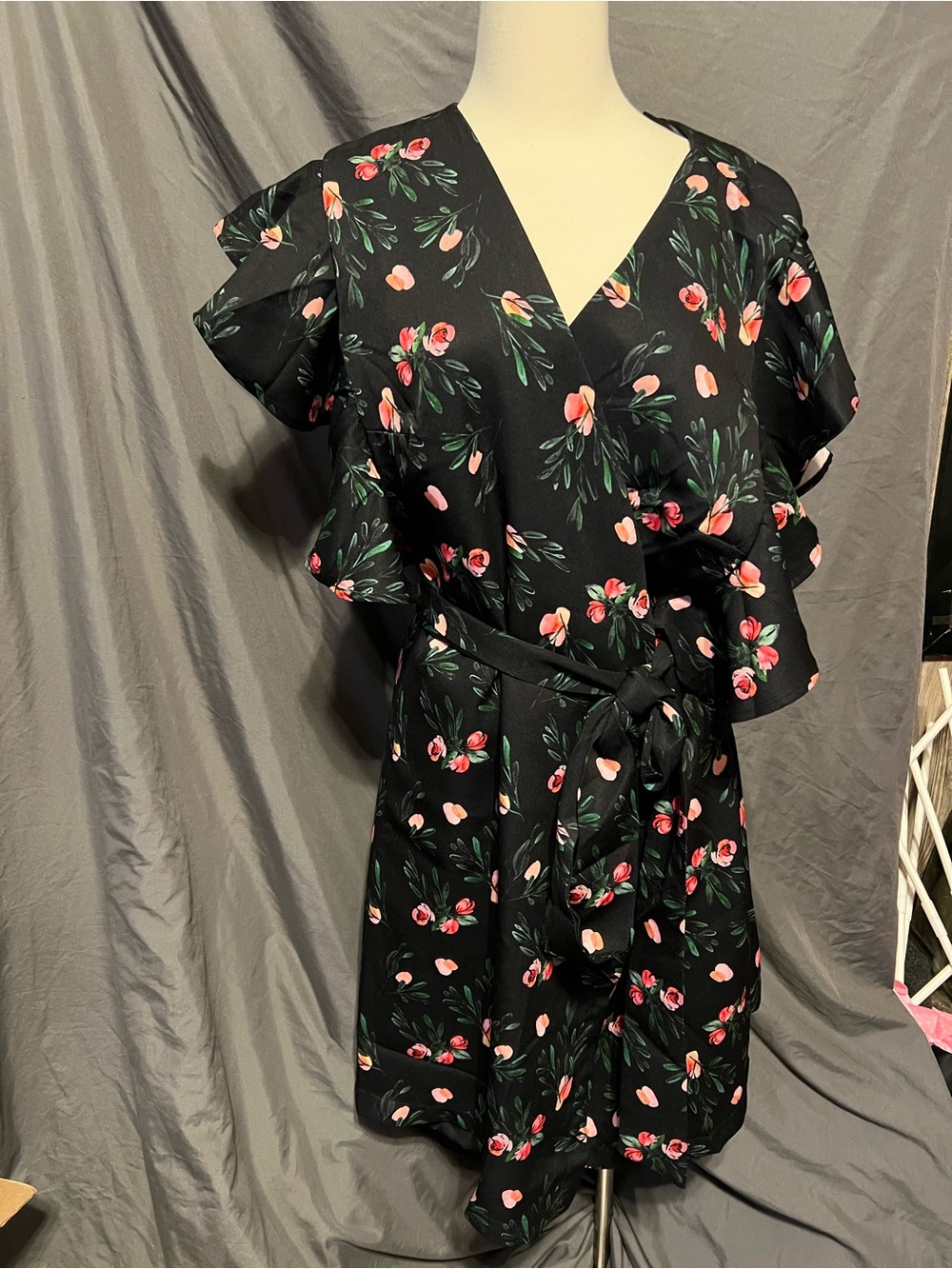 Alexia Admor Black Floral Wrap Midi Dress with Pink Blossoms and Green Leaves
